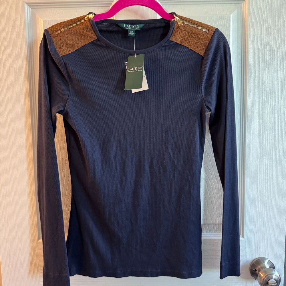 NWT Lauren Ralph Lauren Navy Faux Suede Shoulder Zip Top S